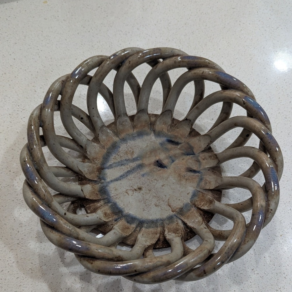 Studio Pottery Woven Lattice Basket Bowl Tan Blue Glaze Braided Ceramic 9 inch